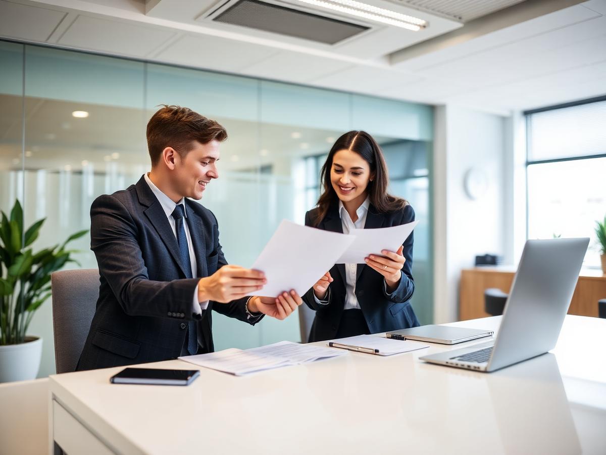 Financial professionals reviewing tax documents with a client in a modern office