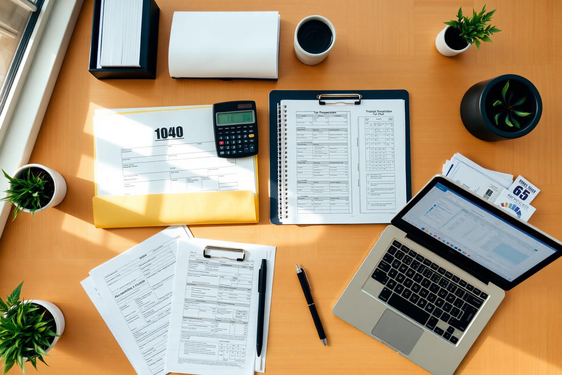 Organized tax preparation paperwork, 1040 forms, calculator, and laptop on a warm wood desk